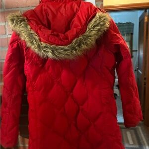 Lands' End Bright Red Quilted Puffer with Faux Fur Hood